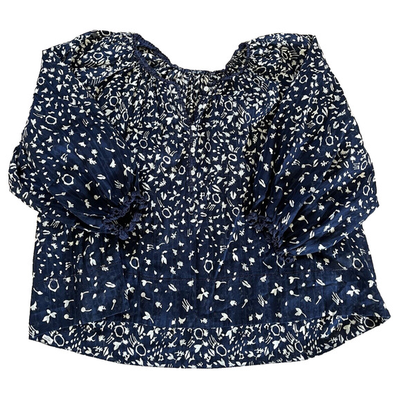 The GREAT. Perch Cotton Peasant Prairie Blouse Navy Cream Balloon Sleeve Boho - Picture 2 of 11